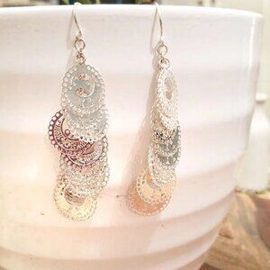 Filigree Circle Pierced Dangle Earrings Silver Tone